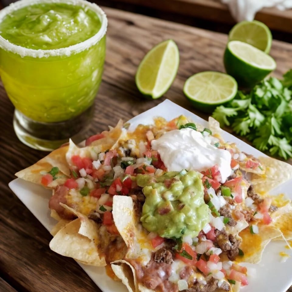 A plate of Ruben's Mariscos and Mexican Grill nachos with guacamole, sour cream, and a margarita.