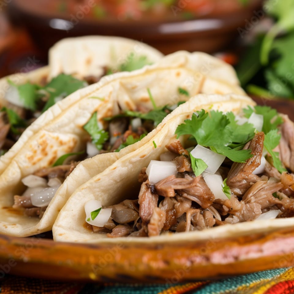 Close-up of three Ruben's Mariscos and Mexican Grill street tacos with meat, onions, and cilantro.