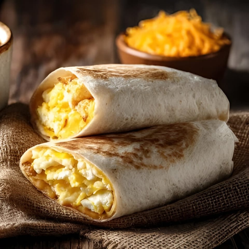 Two breakfast burritos filled with scrambled eggs and cheese, on a burlap cloth.