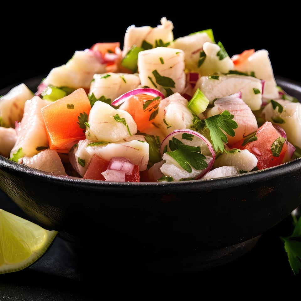 Close-up of Ruben's Mariscos ceviche with fish, tomatoes, onions, and cilantro in a black bowl.